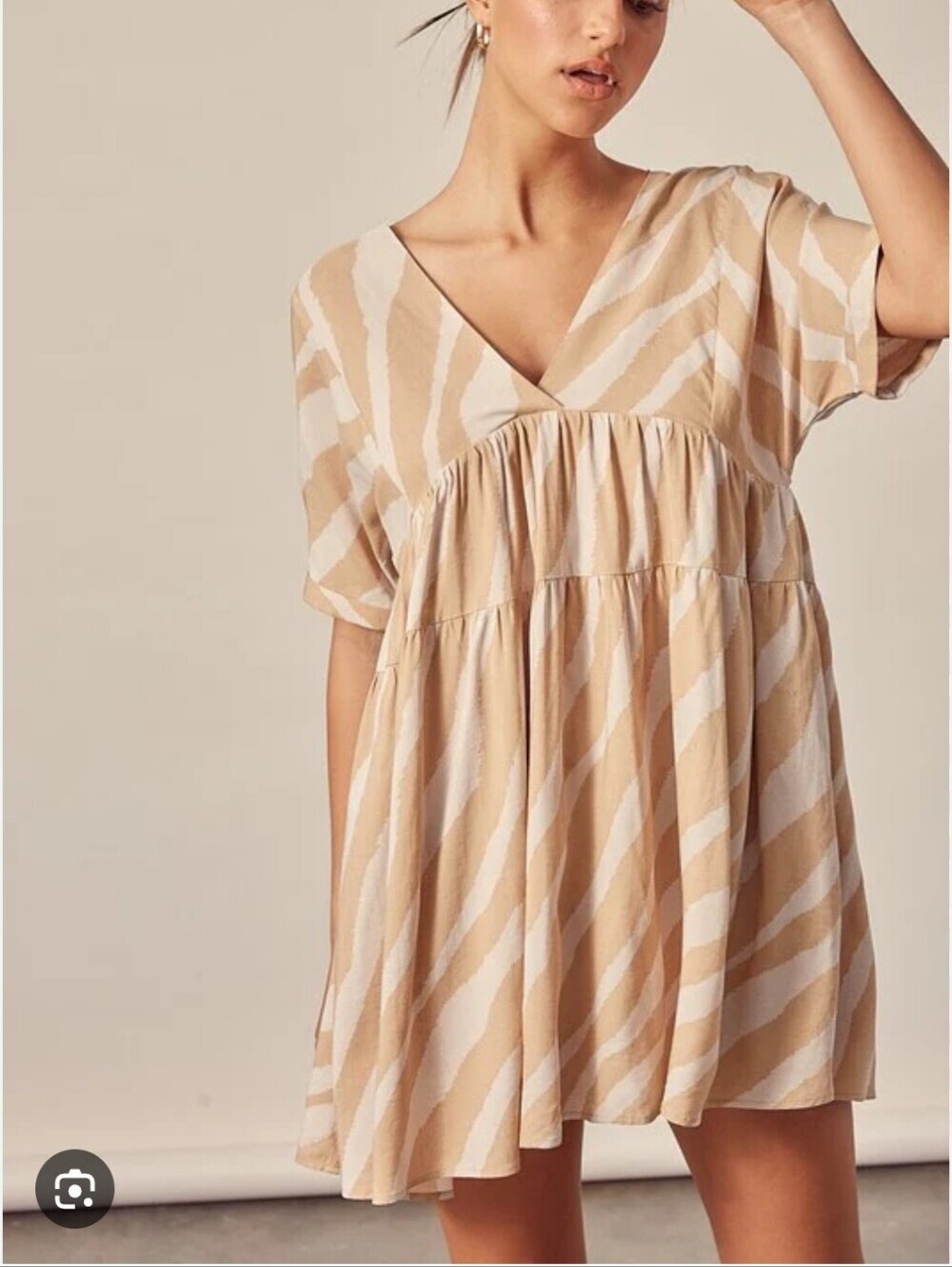 Mustard Seed Beige & White V-Neck Tiered Mini Dress